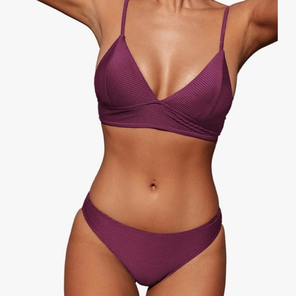 Cupshe Ribbed Triangle Bikini Set in Plum Purple